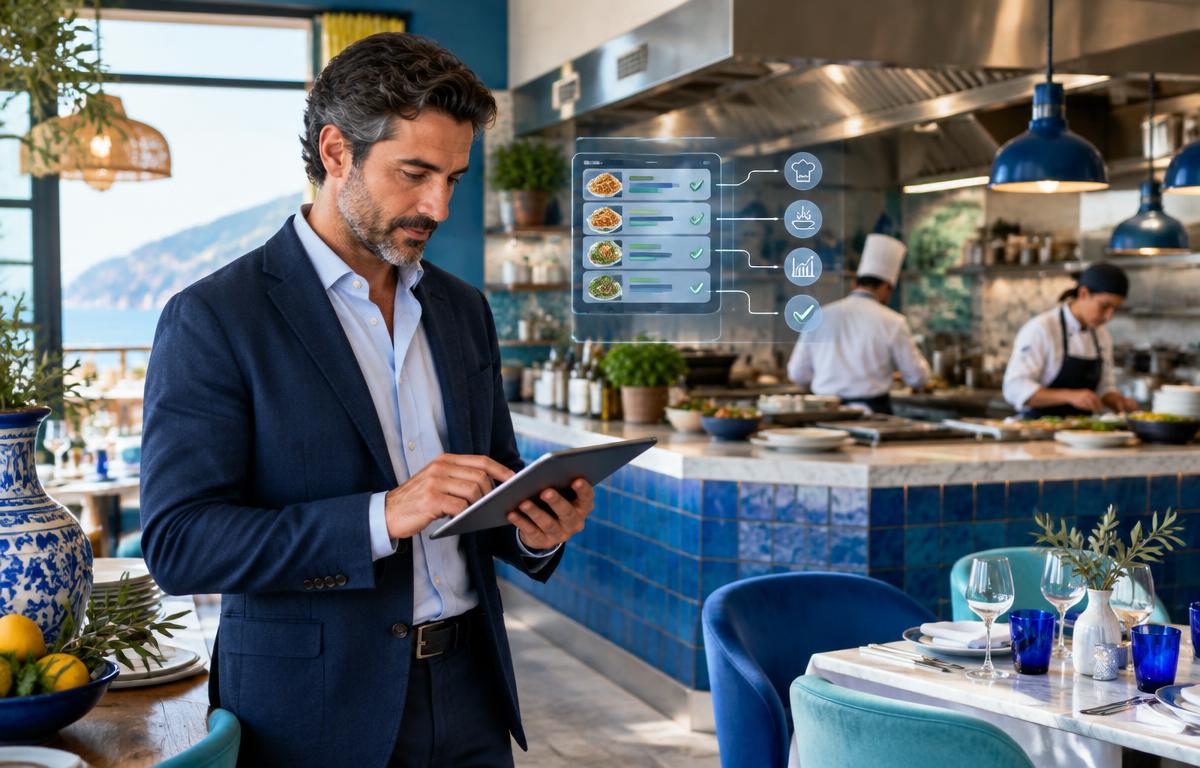 Manager usa un tablet vicino alla cucina del ristorante